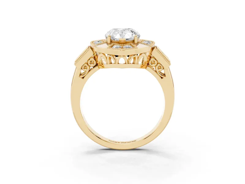 Pear Cut Diamond Milgrain Halo Ring Set in Yellow gold with Split Shank