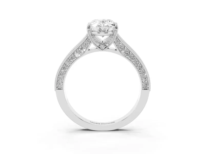 Oval Vintage Hidden Halo Engagement Ring Setting | Milgrain Pave Band | White Gold