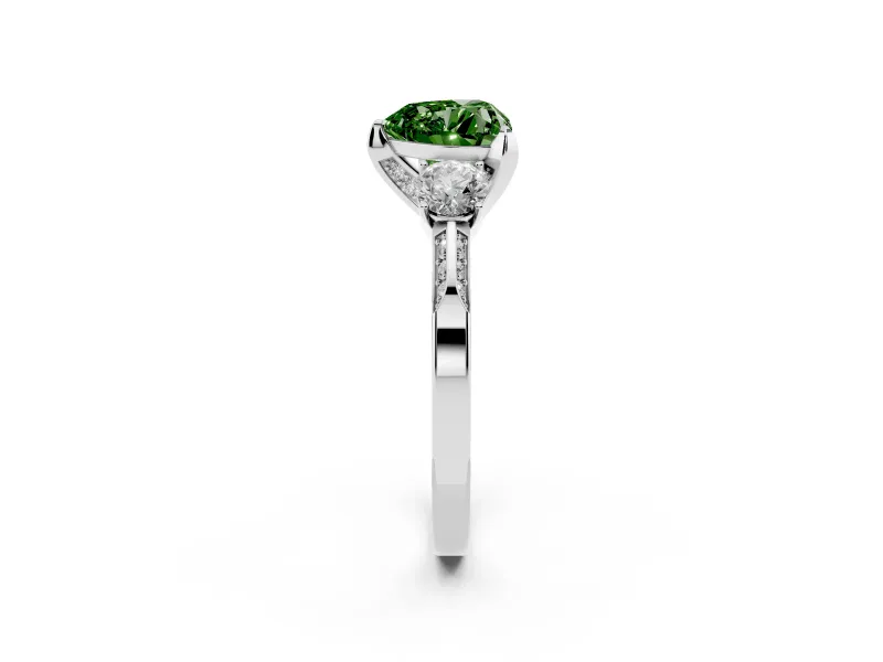 Heart-Shaped Hidden Halo Three Stone Engagement Ring Setting for a Fancy Green Lab-Grown Diamond | Platinum