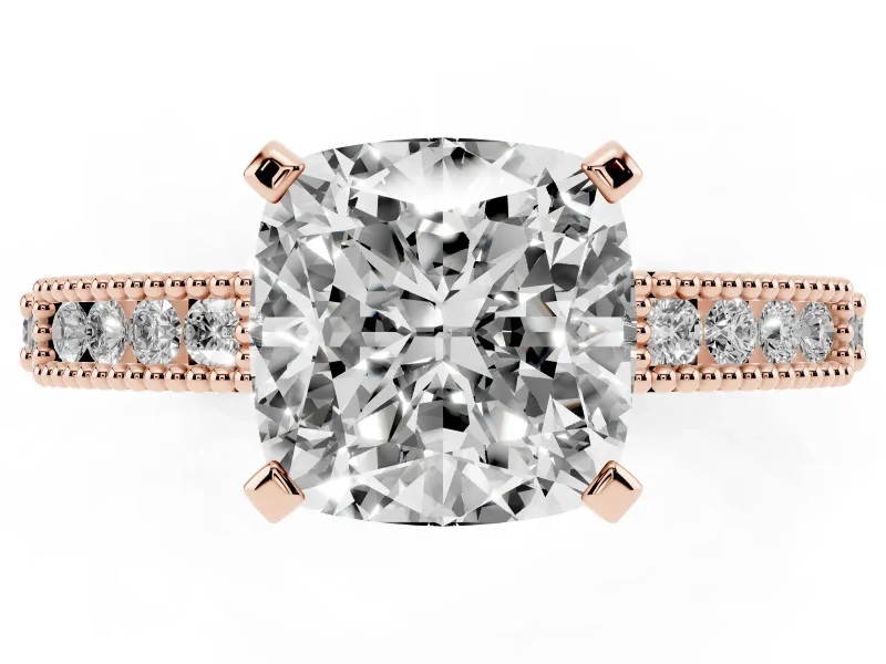 Cushion Cut Vintage Pavé Solitaire Engagement Ring Setting | Milgrain Edges | Rose Gold