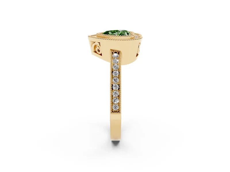 Fancy Green Heart Cut Diamond Round Halo Ring Set in Yellow gold with Pavé Band