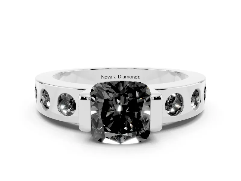 Fancy Black Cushion Cut Diamond Channel-Set Band Ring Set in White gold with Bezel Prong Setting