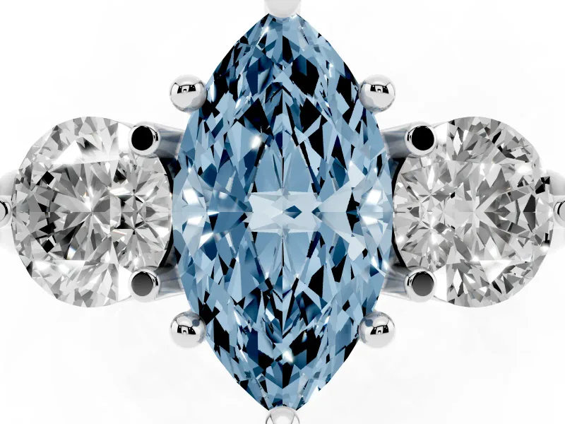 Fancy Blue Marquise Cut Diamond Three-Stone Ring Set in Platinum with Prong Setting and Classic Band