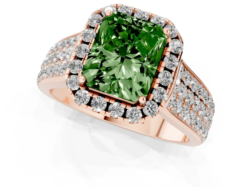 Radiant Cut Pavé Engagement Ring Setting for a Fancy Green Lab-Grown Diamond | Wide Three-Row Band | Rose Gold