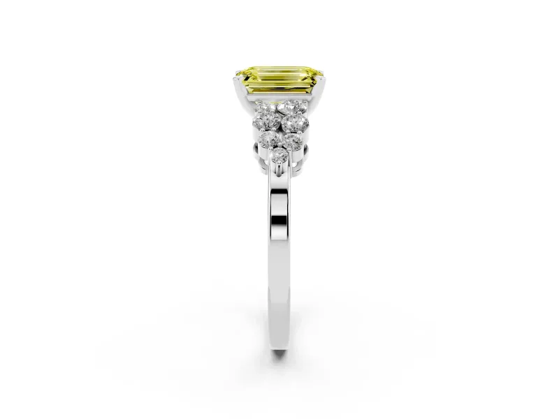 Fancy Yellow Emerald Cut Diamond Cluster Engagement Ring Set in Silver with Pavé Band and Prong Setting