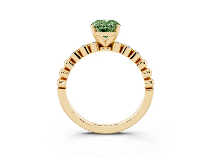 Fancy Green Oval Cut Diamond Solitaire Engagement Ring Set in Yellow gold with Bezel Accents on Beaded Band