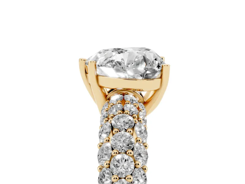 Heart-Shaped Multi Row Pave Solitaire Engagement Ring Setting | Domed Shoulders | Yellow Gold
