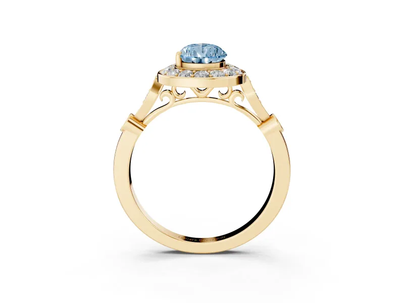 Fancy Blue Pear Cut Diamond Halo Engagement Ring Set in Yellow gold with Twisted Band and Prong Setting
