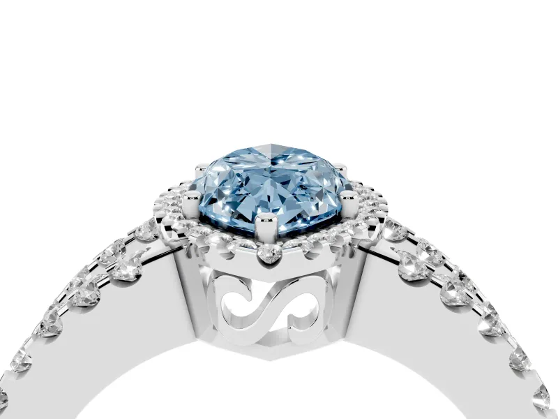 Fancy Blue Marquise Cut Diamond Halo Ring Set in Platinum with Pavé Split Shank and Prong Setting