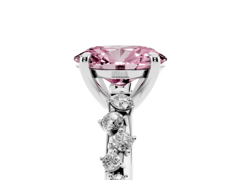 Fancy Pink Oval Cut Diamond Solitaire Vine Band Ring Set in White gold with Round Accents and Prong Setting