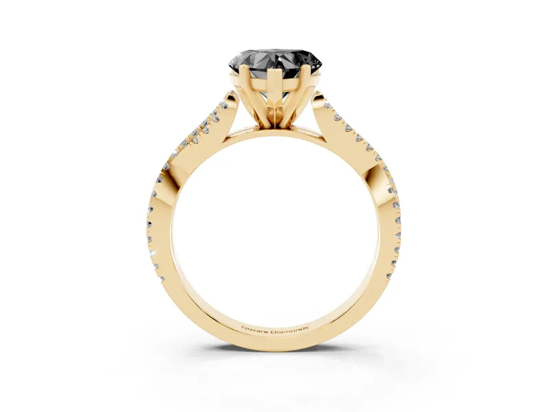 Fancy Black Heart Cut Diamond Solitaire Engagement Ring Set in Yellow gold with Twisted Pavé Band and Prong Setting