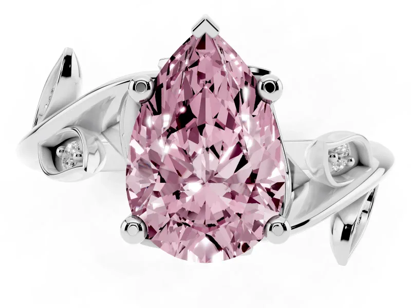 Fancy Pink Pear Cut Diamond Solitaire Twist Engagement Ring Set in Platinum with Pavé Leaf Accents