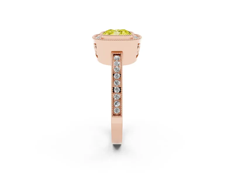 Cushion Cut Milgrain Halo Engagement Ring Setting for a Fancy Yellow Lab-Grown Diamond | Rose Gold