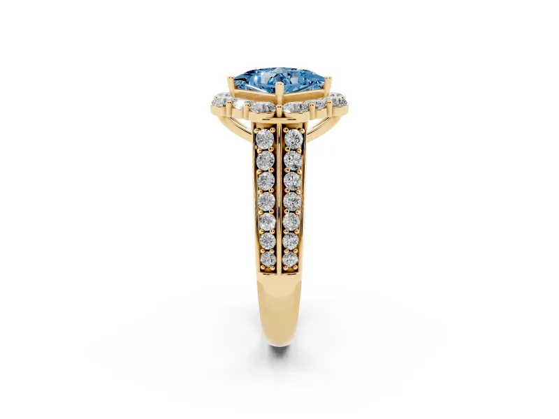 Fancy Blue Princess Cut Diamond Halo Engagement Ring Set in Yellow gold with Split Shank and Prong Setting