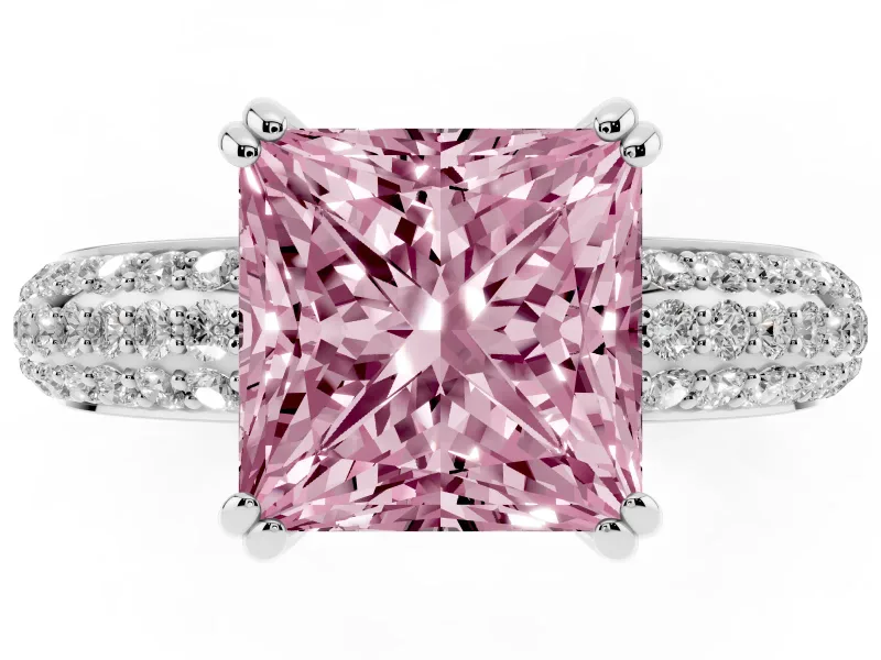 Princess Cut Three Row Pave Engagement Ring Setting for a Fancy Pink Lab-Grown Diamond | White Gold