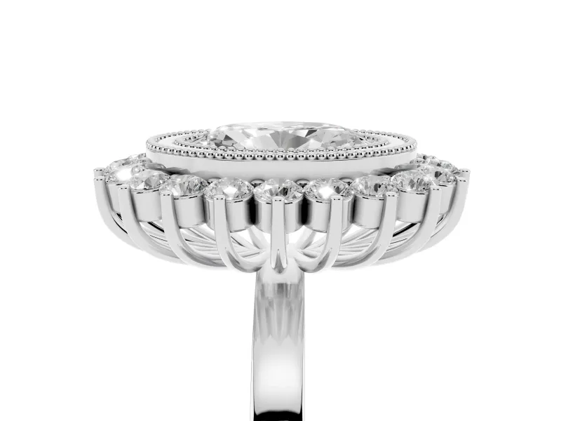 Oval Cut Diamond Halo Ring Set in White gold with Milgrain Edge and Round Prong Setting