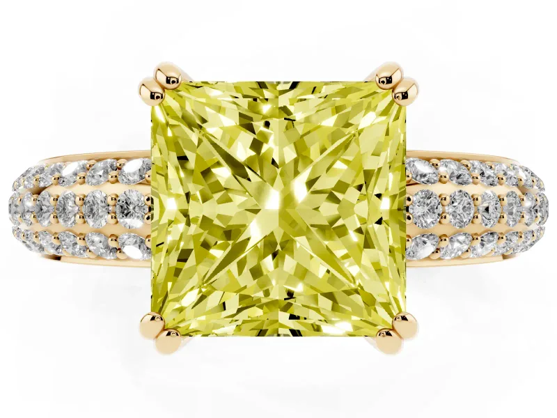 Princess Cut Three Row Pave Engagement Ring Setting for a Fancy Yellow Lab-Grown Diamond | Double Claws | Yellow Gold