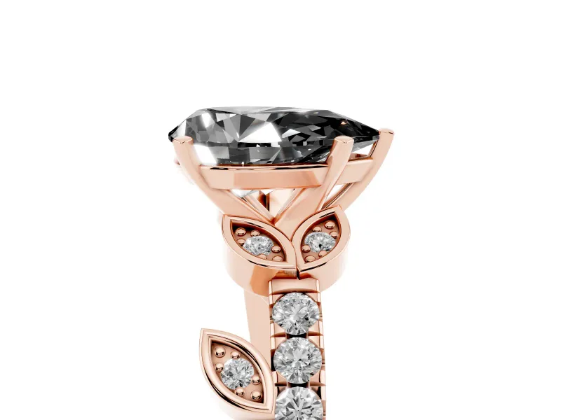 Pear-Shaped Leaf Pavé Engagement Ring Setting for a Black Center | Leaf Motif Shoulders | Rose Gold