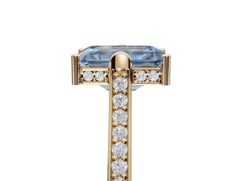 Emerald Cut Vintage Cathedral Engagement Ring Setting for a Fancy Blue Lab-Grown Diamond | Carved Band | Yellow Gold