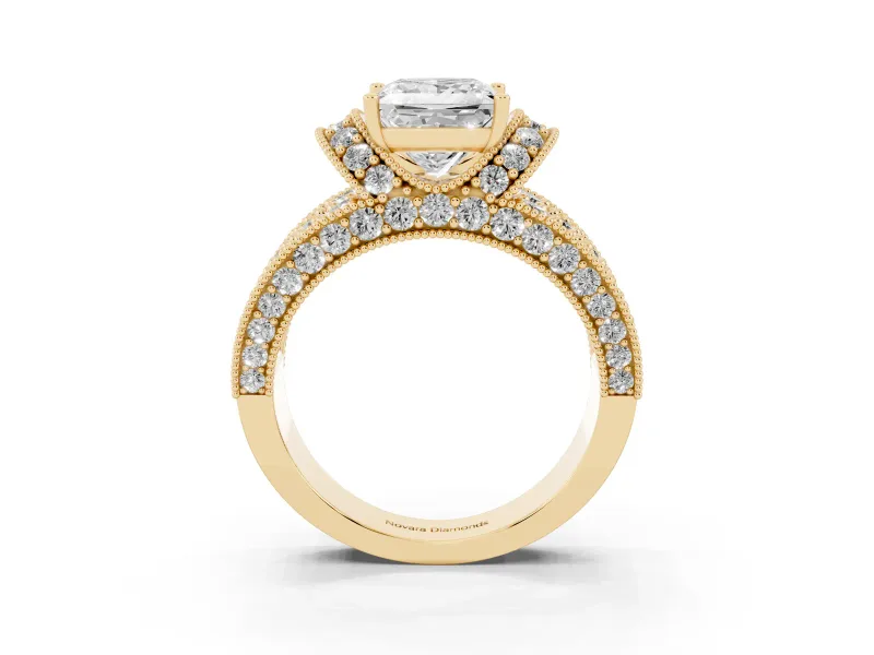 Princess Cut Vintage Milgrain Pave Engagement Ring Setting | Crescent Side Rows | Yellow Gold
