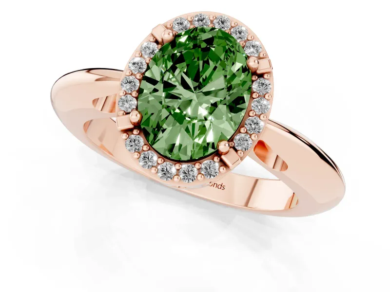 Fancy Green Oval Cut Diamond Halo Engagement Ring Set in Rose gold with Plain Split Shank and Prong Setting