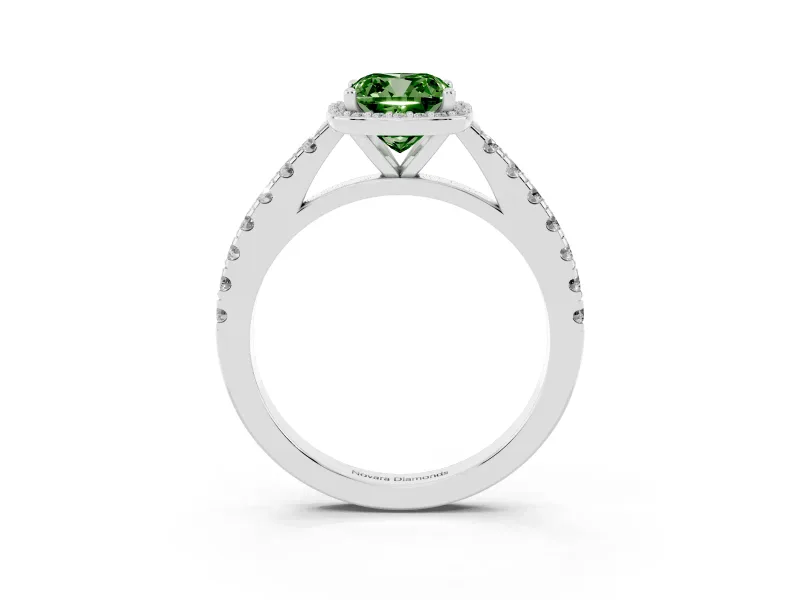 Fancy Green Cushion Cut Diamond Halo Engagement Ring Set in Platinum with Pavé Band and Prong Setting
