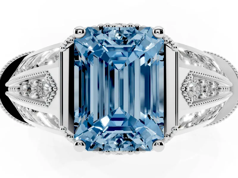 Fancy Blue Emerald Cut Diamond Vintage-Inspired Milgrain Ring Set in Silver with Accent Split Shank