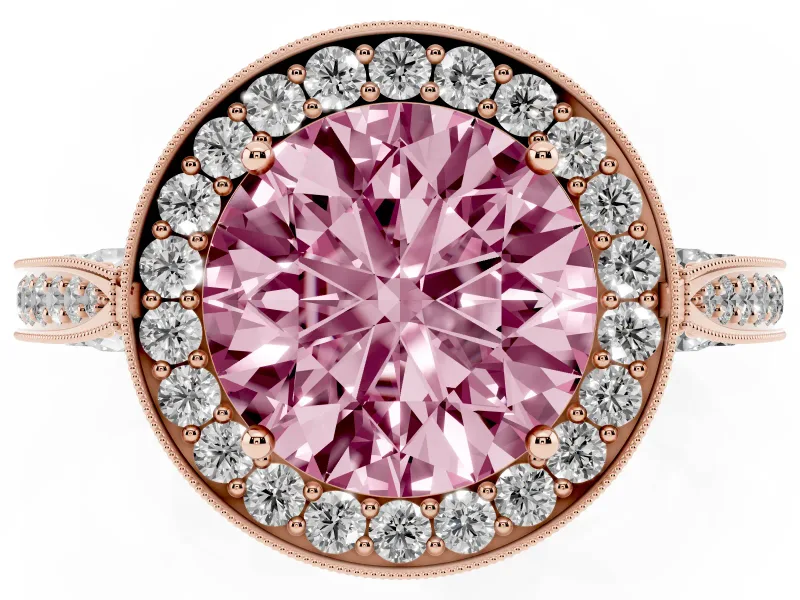 Round Milgrain Halo Engagement Ring Setting for a Fancy Pink Lab-Grown Diamond | Side Stones | Rose Gold