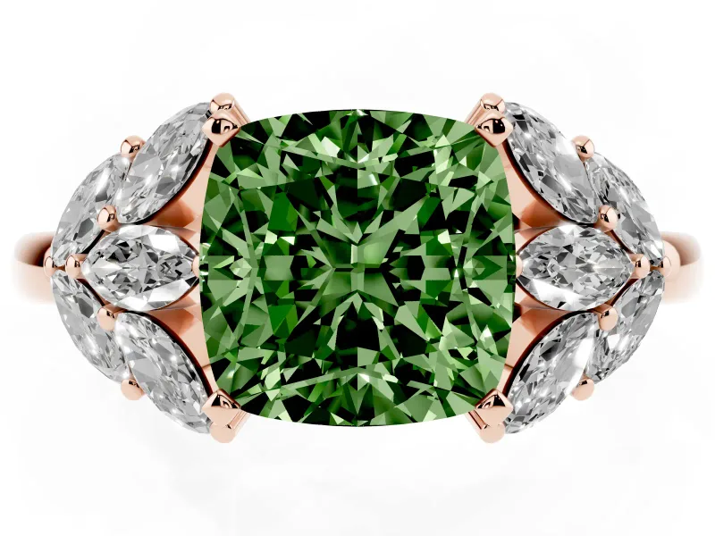 Fancy Green Cushion Cut Diamond Cluster Leaf Design Ring Set in Rose gold with Prong Setting