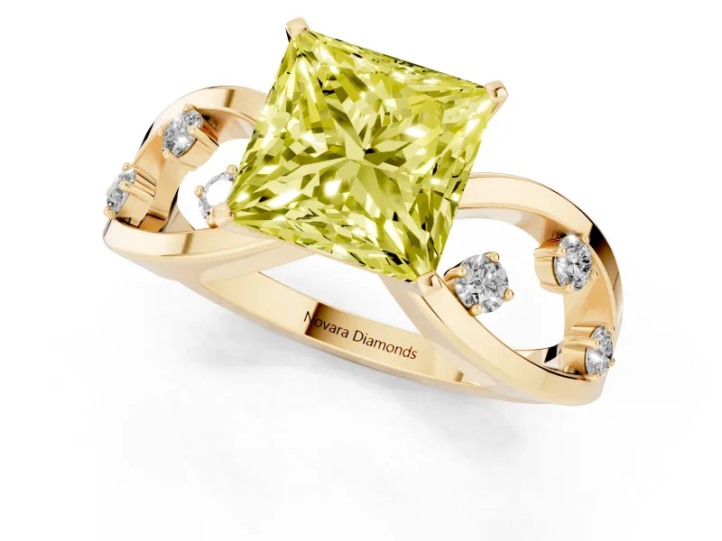 Fancy Yellow Princess Cut Diamond Solitaire Ring Set in Yellow gold with Side Stones on Criss-Cross Band and Prong Setting