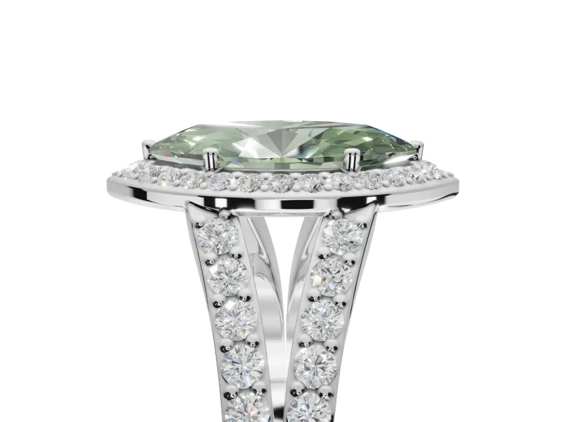 Marquise Halo Pavé Engagement Ring Setting for a Fancy Green Lab-Grown Diamond | Narrow Split Shank | White Gold