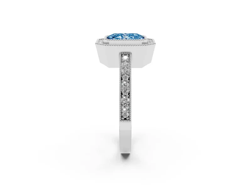 Fancy Blue Radiant Cut Diamond Halo Engagement Ring Set in White gold with Pavé Band and Round Halo Stones