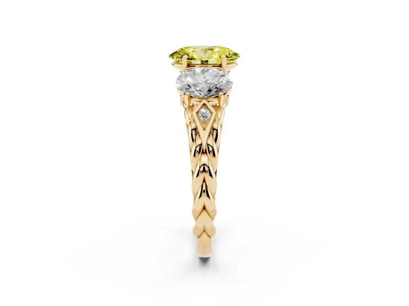 Fancy Yellow Oval Cut Diamond Three-Stone Ring Set in Yellow gold with Braided Band