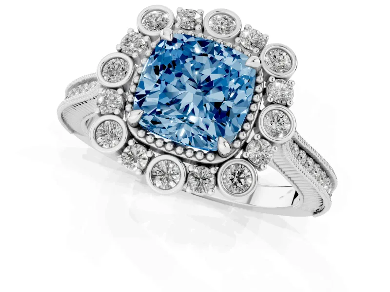 Fancy Blue Cushion Cut Diamond Halo Milgrain Pavé Ring Set in White gold with Prong Setting