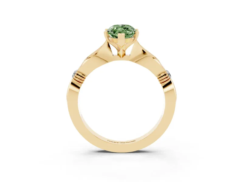 Fancy Green Marquise Cut Diamond Solitaire Twisted Band Ring Set in Yellow gold with Accent Stones and Prong Setting