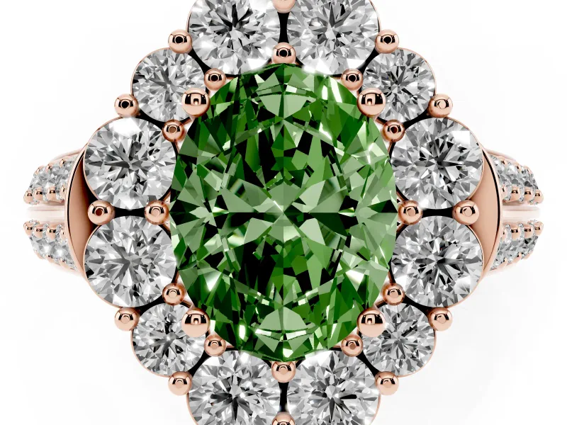 Fancy Green Oval Cut Diamond Halo Engagement Ring Set in Rose gold with Split Shank and Prong Setting