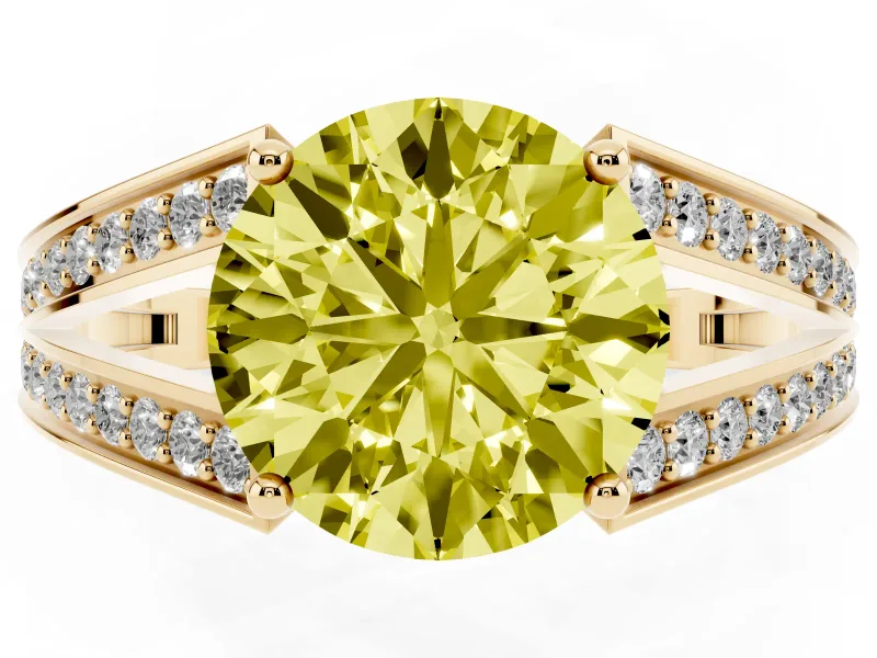 Fancy Yellow Round Cut Diamond Split Shank Ring Set in Yellow gold with Pavé Band and Prong Setting