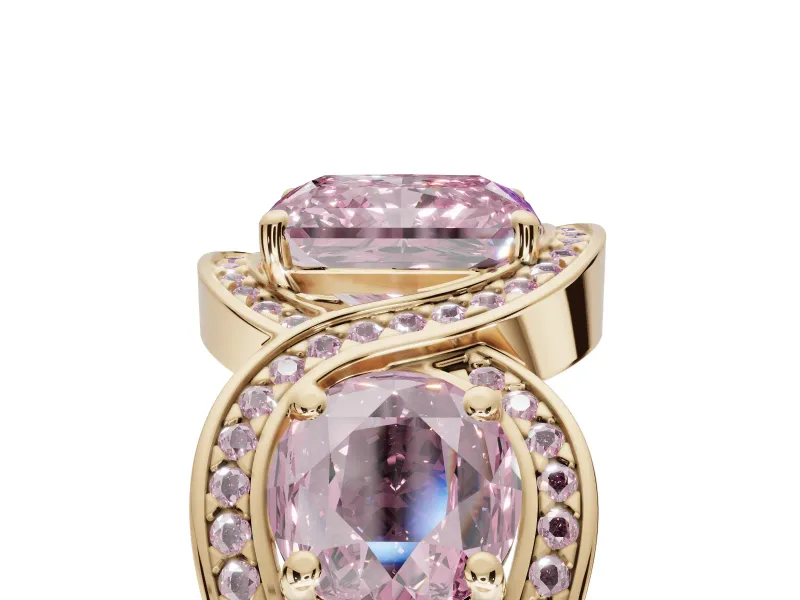 Radiant Cut Three Stone Halo Engagement Ring Setting for a Fancy Pink Lab-Grown Diamond | Pavé Wave Band | Yellow Gold