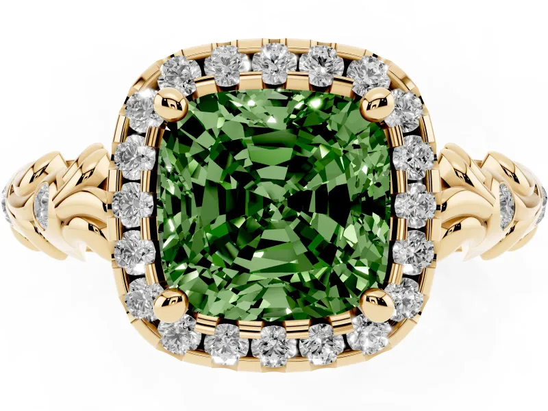 Cushion Cut Leaf Halo Engagement Ring Setting for a Fancy Green Lab-Grown Diamond | Bezel Accents | Yellow Gold