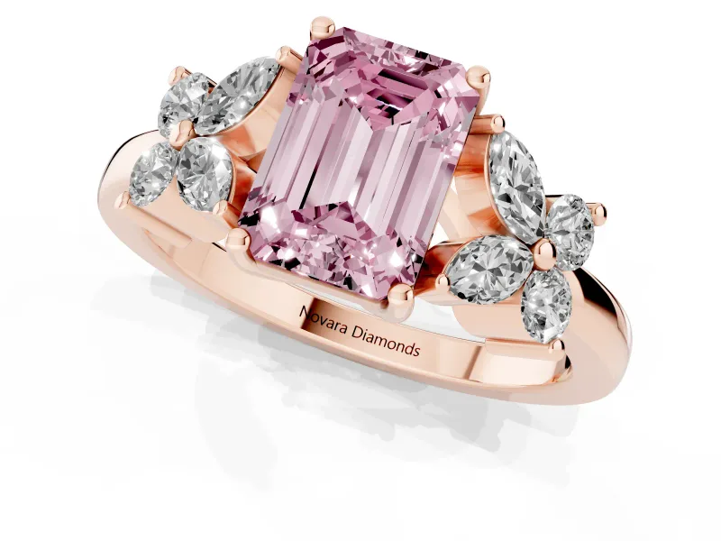 Fancy Pink Emerald Cut Diamond Floral Cluster Ring Set in Rose gold with Marquise Petals and Prong Setting