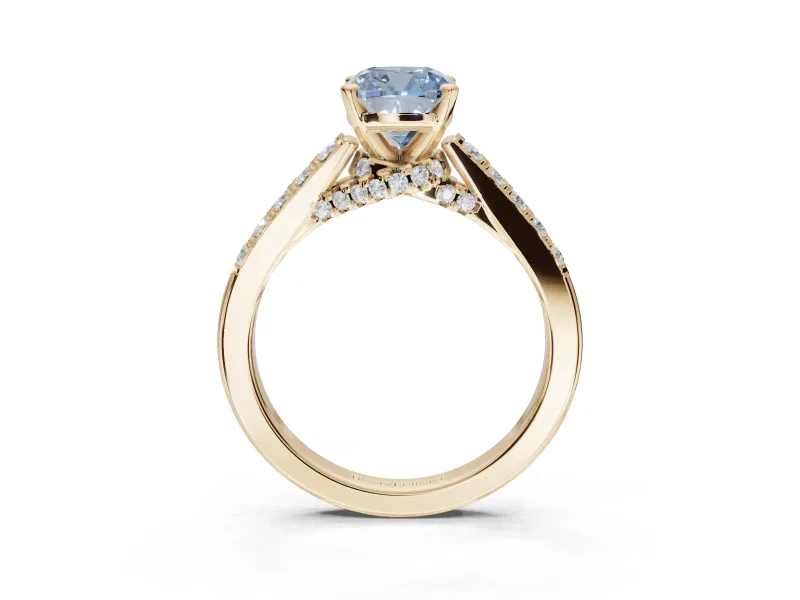 Cushion Cut Pavé Solitaire Engagement Ring Setting for a Fancy Blue Lab-Grown Diamond | Crossover Gallery | Yellow Gold
