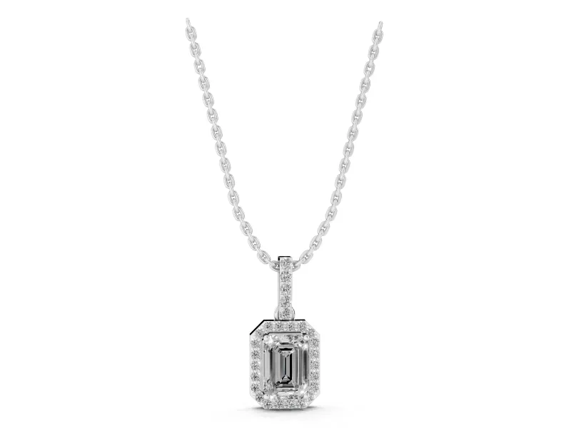 Emerald Cut Diamond Halo Pendant Set in White gold with Prong-Set Center