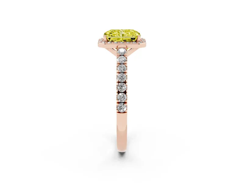 Fancy Yellow Radiant Cut Diamond Halo Engagement Ring Set in Rose gold with Pavé Band and Prong Setting