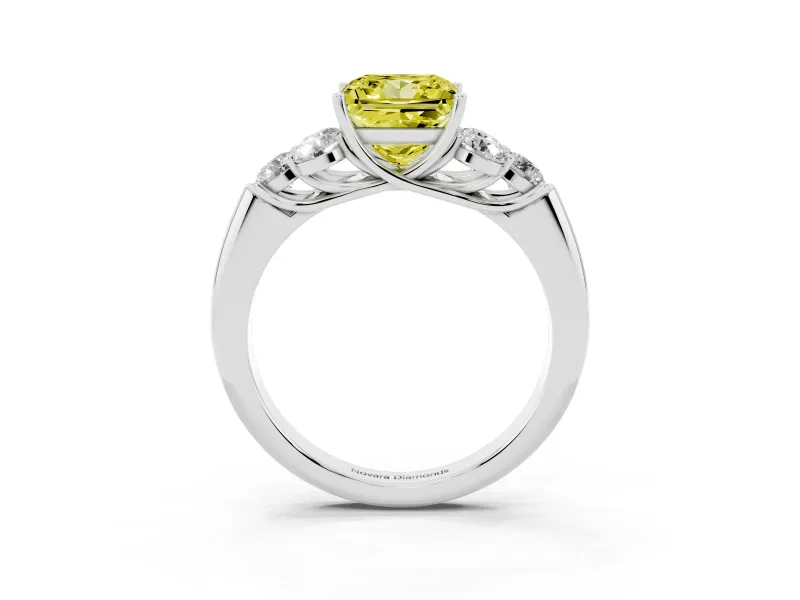 Fancy Yellow Princess Cut Diamond Cluster Ring Set in White gold with Round Accent Stones and Prong Setting on a Plain Band