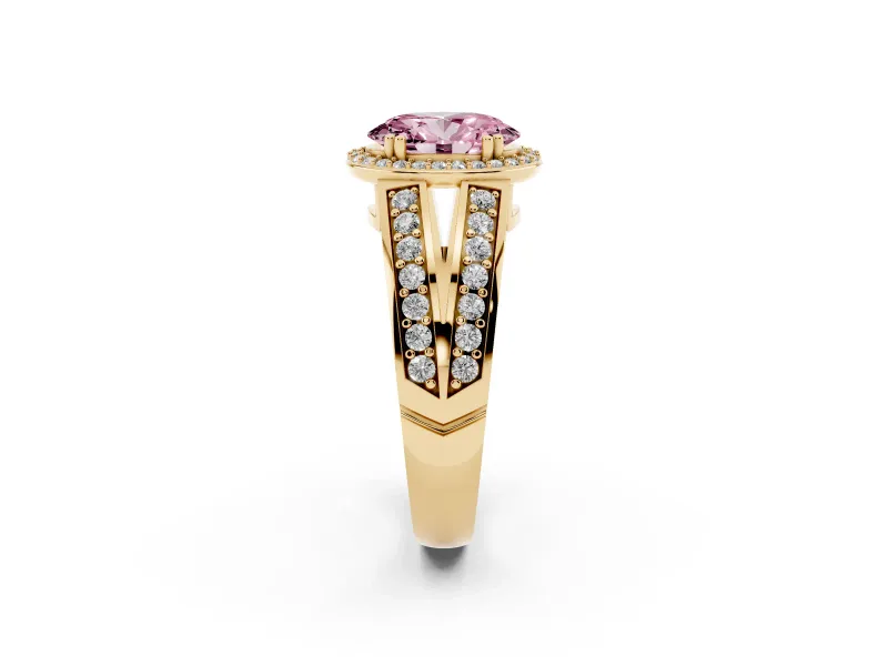 Fancy Pink Oval Cut Diamond Halo Ring Set in Yellow gold with Double Pavé Split Shank