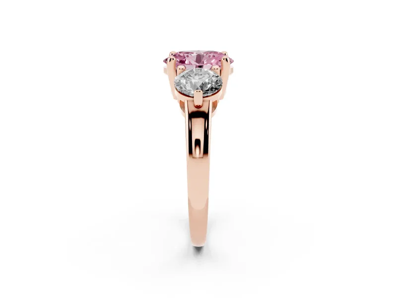 Oval Three Stone Engagement Ring Setting for a Fancy Pink Lab-Grown Diamond | Open Prong Baskets | Rose Gold