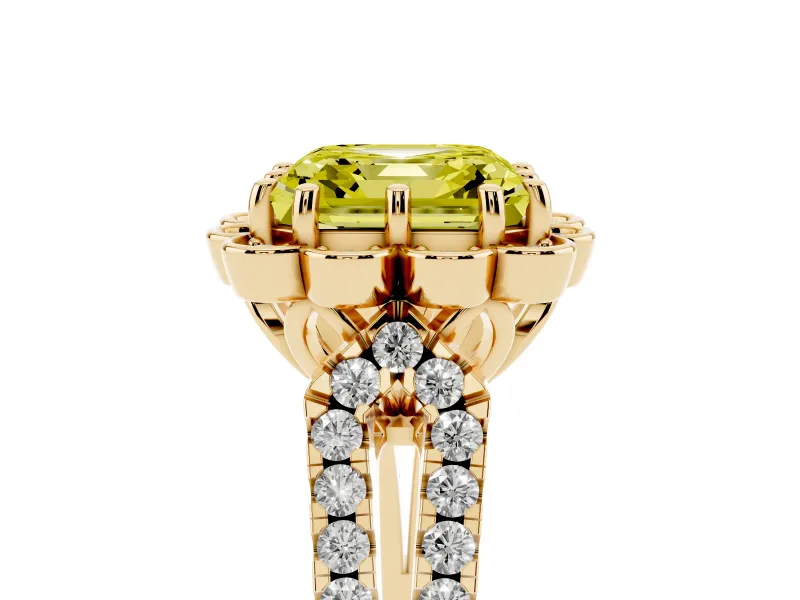 Asscher Cut Floral Halo Engagement Ring Setting for a Fancy Yellow Lab-Grown Diamond | Pavé Split Shank | Yellow Gold