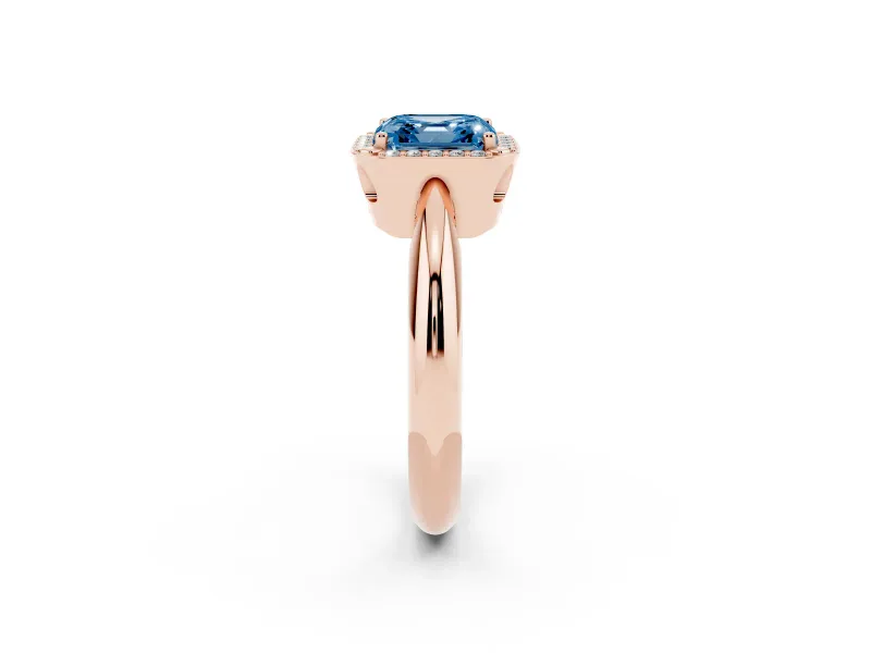 Fancy Blue Asscher Cut Diamond Halo Engagement Ring Set in Rose gold with Plain Split Shank and Prong Setting