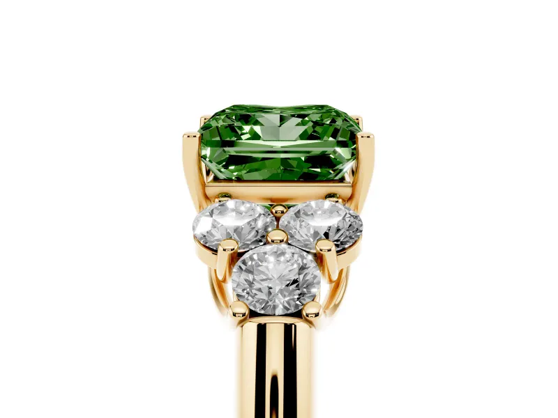 Fancy Green Princess Cut Diamond Cluster Ring Set in Yellow gold with Round Accent Stones and Prong Setting on a Plain Band
