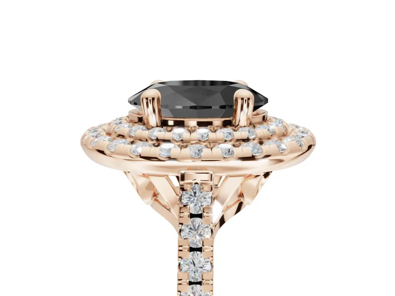 Oval Double Halo Engagement Ring Setting for a Black Center | Pavé Shoulders | Rose Gold